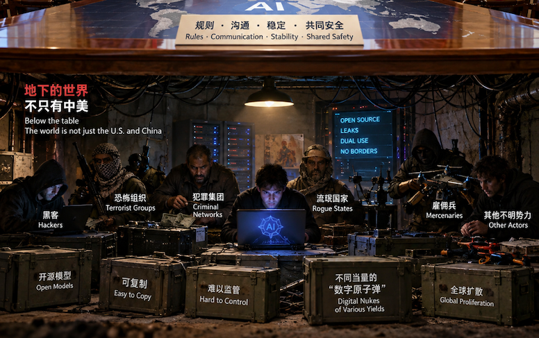 桌面上,中美在谈AI规则;桌面下,是“不只有中美”的另一个世界——黑客、恐怖组织、犯罪网络、流氓国家,正在拿走不同当量的“数字原子弹”
